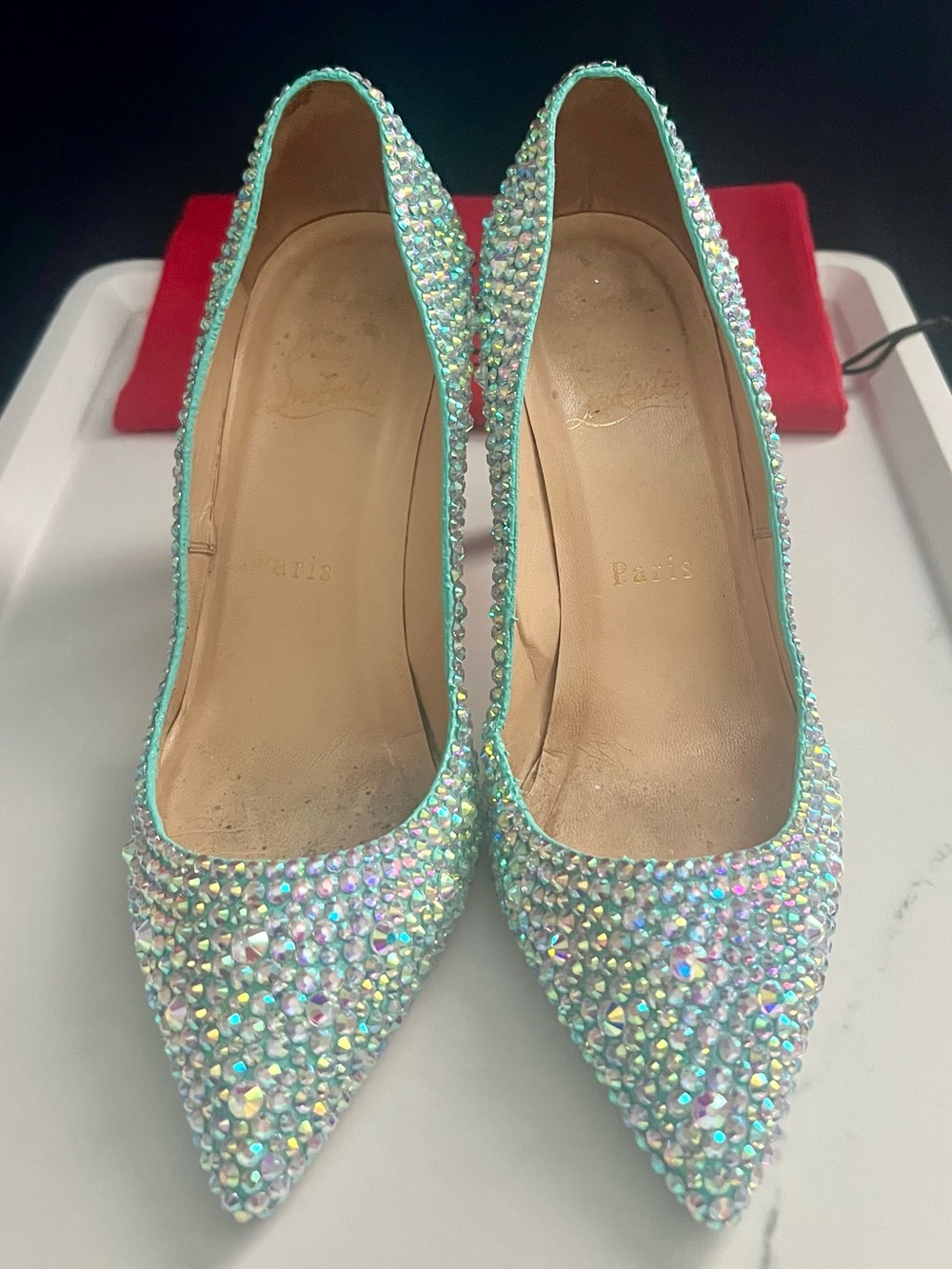 Christian Louboutin Tiffany Blue Swarovski Crystal Strass Pointed Heels 36.5 💎